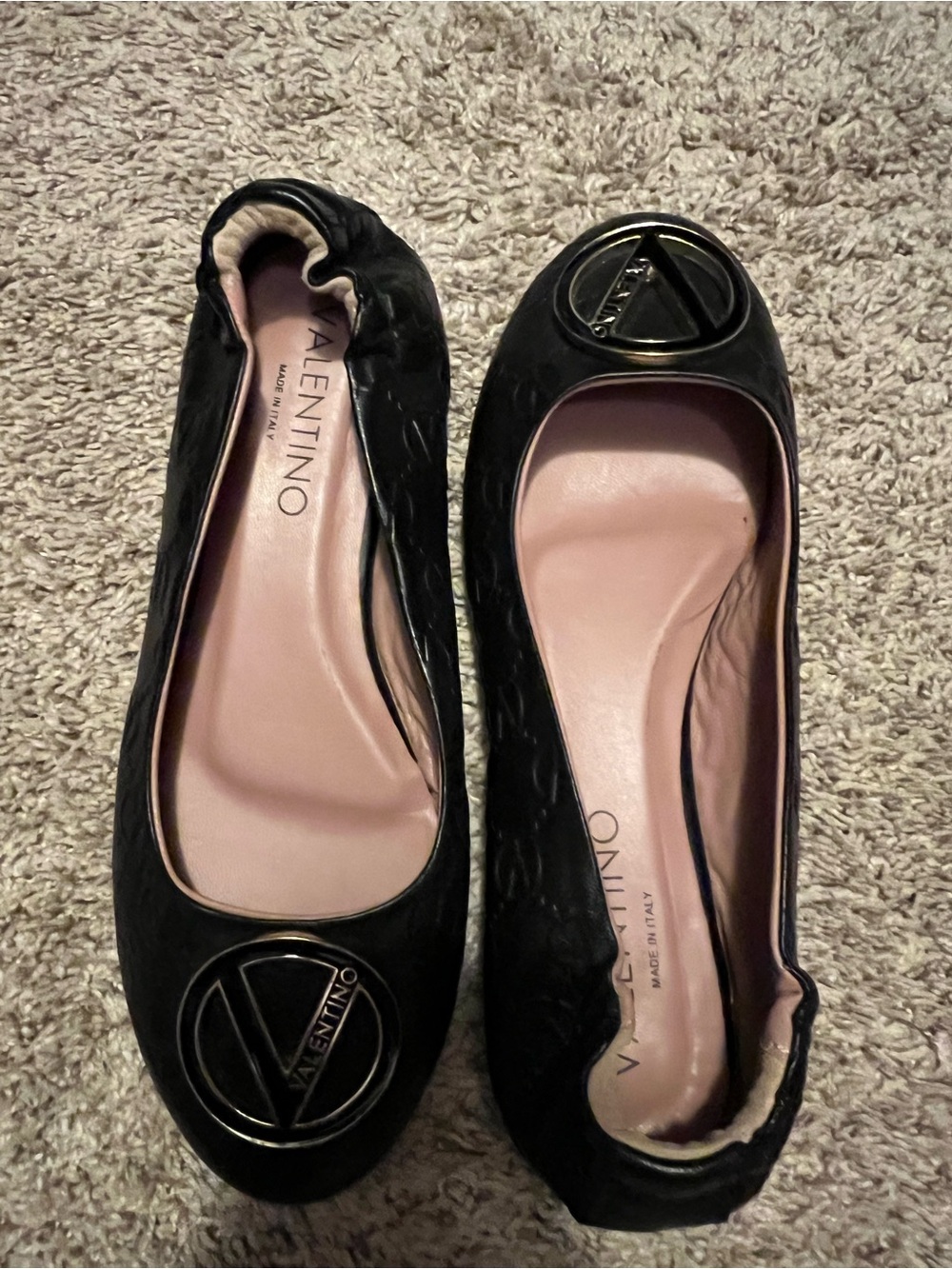 Valentino by Mario Black Leather Ballet Flats with Gold Logo Emblem size 8